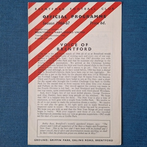 May include: A vintage Brentford Football Club official programme from the 1966-67 season. The cover features red and white diagonal stripes and details the match against Hartlepools United.
