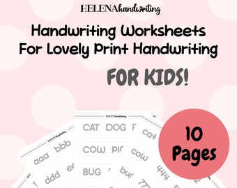Può includere: Un set di 10 fogli di lavoro di scrittura stampabili per bambini. I fogli di lavoro presentano uno sfondo rosa con pois bianchi e testo grigio. I fogli di lavoro includono la pratica di scrittura di lettere, numeri e parole come "gatto", "cane", "insetto" e "mucca".