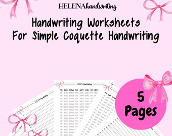 Può includere: Fogli di lavoro di calligrafia rosa con il testo "Handwriting Worksheets For Simple Coquette Handwriting". I fogli di lavoro includono linee di pratica e la frase "The quick brown fox jumps over the lazy". L'immagine include anche fiocchi rosa.