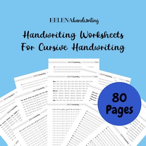 May include: A set of 80 black and white cursive handwriting worksheets. The worksheets feature various letters, words, and sentences for practicing cursive handwriting. The worksheets are designed for children learning cursive handwriting.