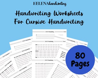May include: A set of 80 black and white cursive handwriting worksheets. The worksheets feature various letters, words, and sentences for practicing cursive handwriting. The worksheets are designed for children learning cursive handwriting.