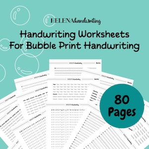 May include: Black and white printable handwriting worksheets for bubble print handwriting. The worksheets include alphabet practice, sentence writing, and calendar pages. There are 80 pages in total.
