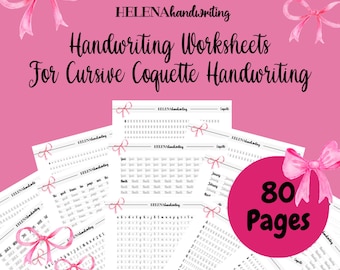 May include: A set of 80 cursive handwriting worksheets for the Coquette handwriting style. The worksheets feature a pink and white color scheme with pink bows and the text "HELENAhandwriting".