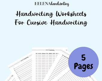 May include: Five printable cursive handwriting worksheets featuring the phrase "The quick brown fox jumps over the lazy dog" repeated multiple times. The worksheets are designed to help improve handwriting skills.