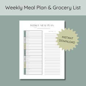 Weekly Meal Planner Printable with Grocery List | Menu Planning Sheet | Healthy Meal Prep | A4 A5 Letter Half Size | Instant Download PDF