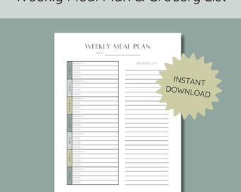 Weekly Meal Planner Printable with Grocery List | Menu Planning Sheet | Healthy Meal Prep | A4 A5 Letter Half Size | Instant Download PDF