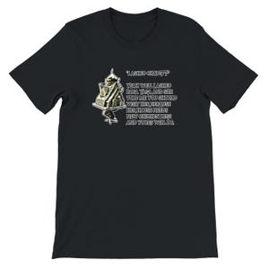 Pode incluir: T-shirt preto com um design gr&aacute;fico e texto. O texto diz "I ASKED CHATGPT" e uma mensagem humor&iacute;stica sobre Baba Yaga e pernas de frango. Um design &uacute;nico e atraente, perfeito para uso casual.