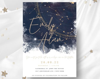 Galaxy Wedding Invitation Template, Printable Wedding Invitation, Customizable Template, Canva Edit, Celestial, Starry Sky, Starry Night