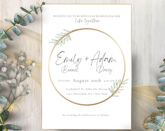 Green and Gold Wedding Invitation Template, Printable Wedding Invitation, Customizable Template, Canva Edit, Gold Ring, Greenery