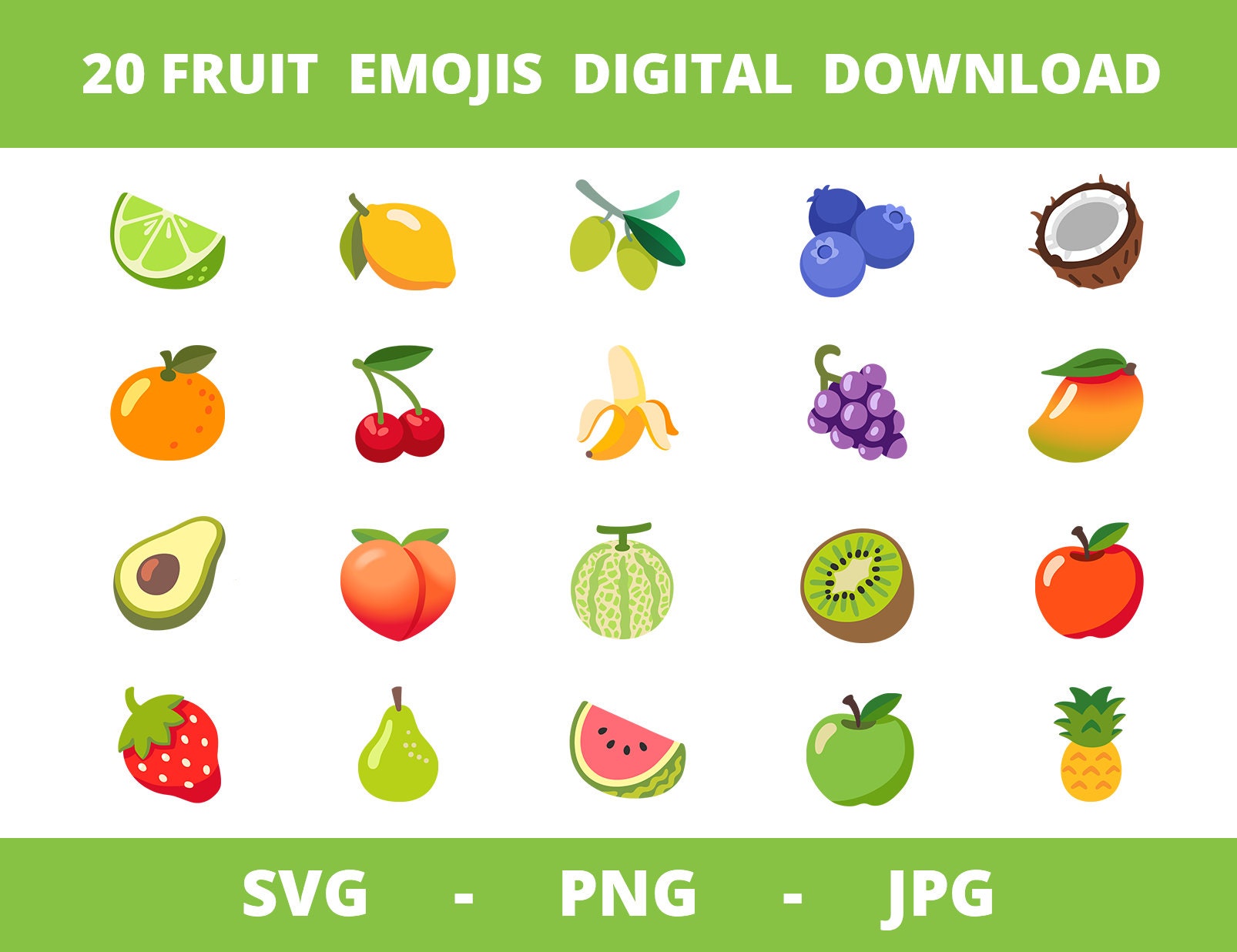 20 Fruit Emojis SVG, PNG, JPG, Fruit Icons, Emoji Collection, Emoji
