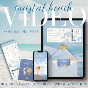 Video di Save the Date per matrimonio a destinazione con passaporto, carta d'imbarco, invito a nozze a destinazione, animazione flipbook di viaggio sulla spiaggia costiera