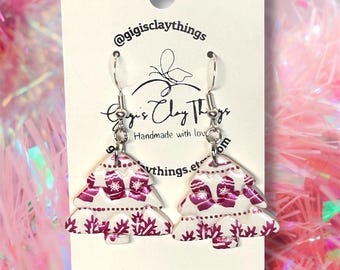 Handmade Polymer Clay Christmas Tree Earrings • Pink Winter Ornaments