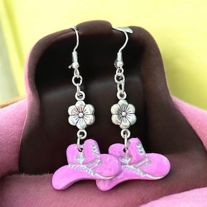Western Pink Cowboy Hat Dangle Earrings – Handmade Polymer Clay Earrings with Silver Flower – Pink Country Cowgirl Jewelry | Rustic Cowgirl