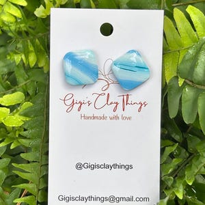 Ocean Breeze Sky Blue & White Square Polymer Clay Stud Earrings w/ Stainless Steel Posts - Handmade Unique Stud Earrings - Summer Jewelry