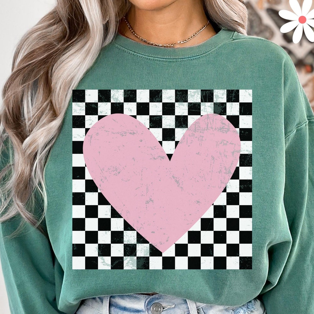 Comfort Colors Retro Checkered Heart Sweatshirt, Valentines Day Love Shirt, Comfort Colors Valentines Crewneck, Checkered Heart Sweatshirt Valentine'S Day Gifts For Day Blueshirtfarm