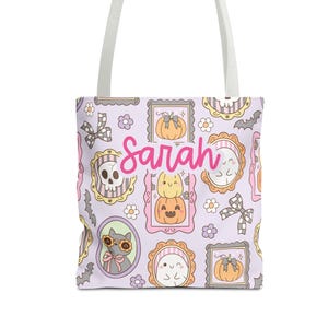 Cute Personalized Trick or Treat Bag with Kids Name, Custom Halloween Tote Bag for Kids, Retro Ghost Candy Bag, Spooky Season Tote