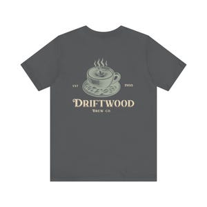 Cozy Coffee Lover Tee, Vintage Style Coffee Shirt, Driftwood Brew Company, Gift for Baristas, Custom Coffee Shop Logo, Retro Coastal Coffee image 7