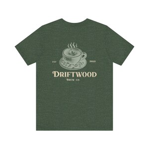Cozy Coffee Lover Tee, Vintage Style Coffee Shirt, Driftwood Brew Company, Gift for Baristas, Custom Coffee Shop Logo, Retro Coastal Coffee image 6