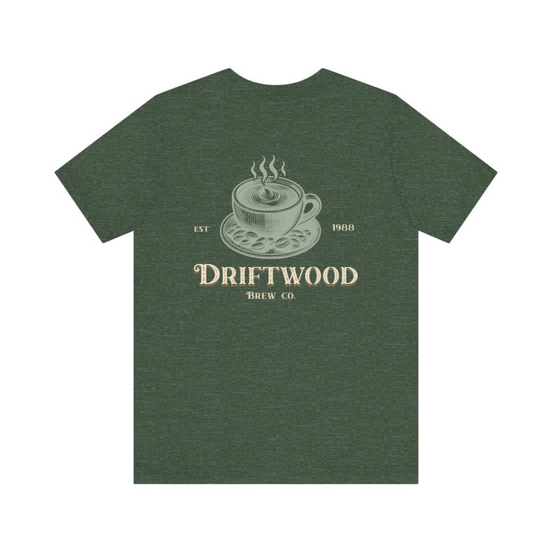 Cozy Coffee Lover Tee, Vintage Style Coffee Shirt, Driftwood Brew Company, Gift for Baristas, Custom Coffee Shop Logo, Retro Coastal Coffee image 6