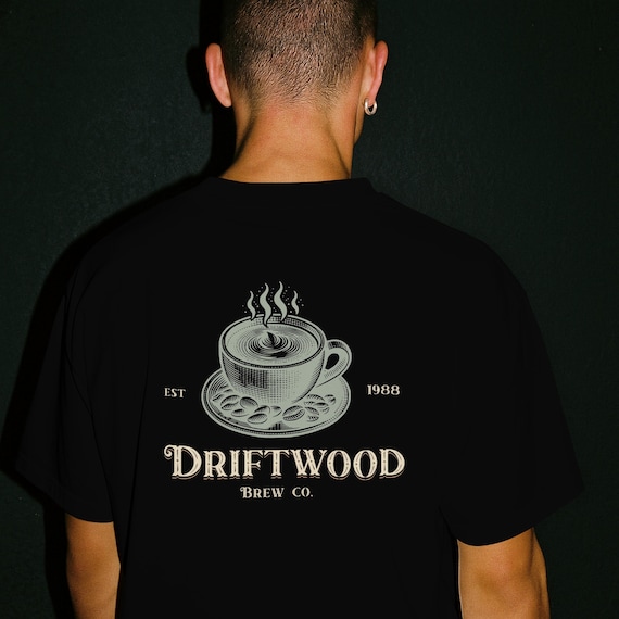 Cozy Coffee Lover Tee, Vintage Style Coffee Shirt, Driftwood Brew Company, Gift for Baristas, Custom Coffee Shop Logo, Retro Coastal Coffee