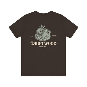 Cozy Coffee Lover Tee, Vintage Style Coffee Shirt, Driftwood Brew Company, Gift for Baristas, Custom Coffee Shop Logo, Retro Coastal Coffee image 2
