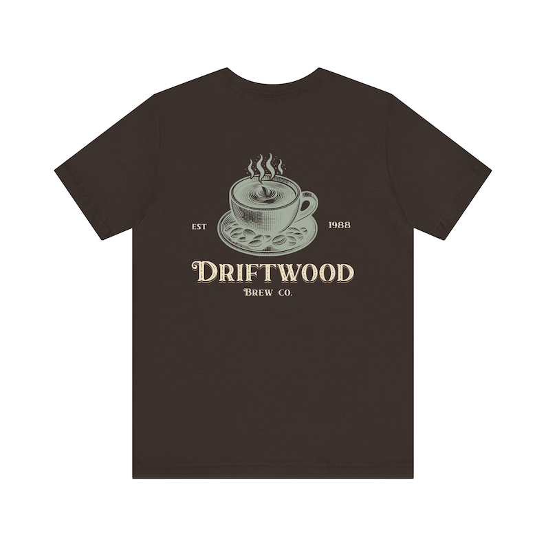 Cozy Coffee Lover Tee, Vintage Style Coffee Shirt, Driftwood Brew Company, Gift for Baristas, Custom Coffee Shop Logo, Retro Coastal Coffee image 2
