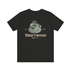 Cozy Coffee Lover Tee, Vintage Style Coffee Shirt, Driftwood Brew Company, Gift for Baristas, Custom Coffee Shop Logo, Retro Coastal Coffee image 4