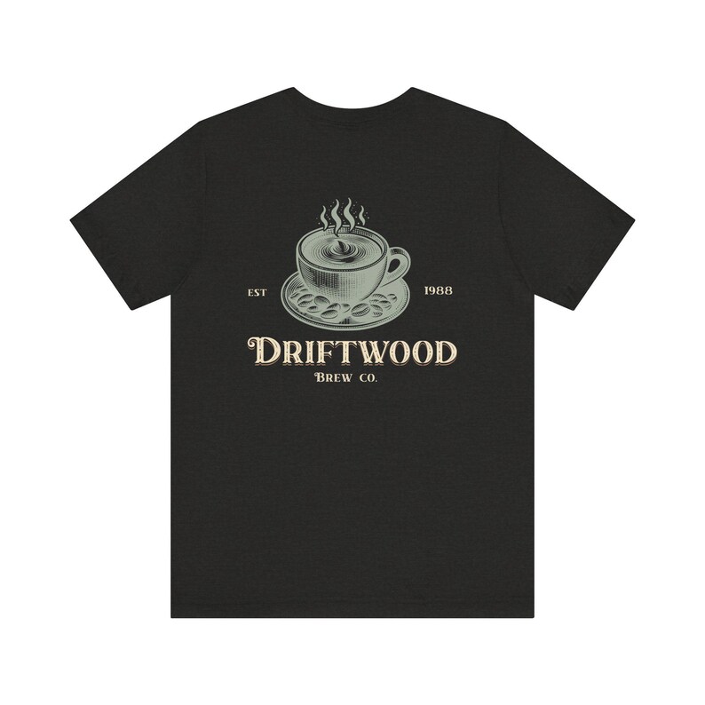 Cozy Coffee Lover Tee, Vintage Style Coffee Shirt, Driftwood Brew Company, Gift for Baristas, Custom Coffee Shop Logo, Retro Coastal Coffee image 4