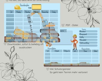 Horario imprimible, regalo para inicio de clases, archivo digital, descarga, planificador semanal para la escuela, horario de excavadora
