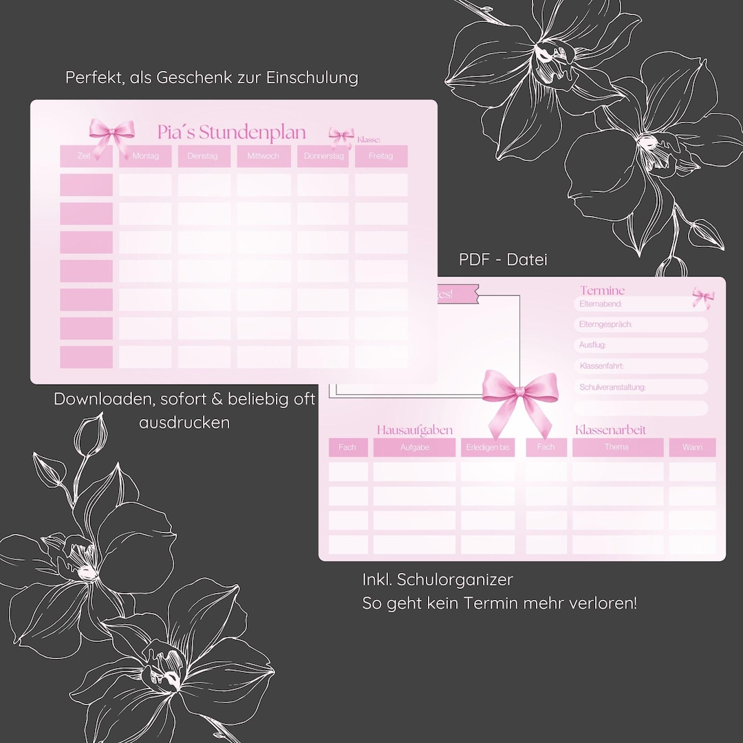 Timetable Bows Notes Printable Timetable, Back-to-school Gift, Digital File, Download ...