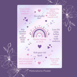 Könnte beinhalten: Ein Motivationsposter in Lila- und Weißtönen. Es zeigt einen Regenbogen, Herzen und deutschen Text. Das Wort "Motivations-Poster" steht unten. Das Design soll inspirieren.