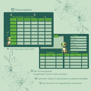 Könnte beinhalten: Grüner und weißer Stundenplan und Organizer mit einer Eidechsen-Illustration. Der Stundenplan ist mit dem Namen "Louis" personalisiert und enthält Felder für die Wochentage. Der Organizer hat Abschnitte für Hausaufgaben und Klassenarbeiten.