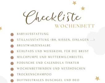 Checkliste Wochenbett / Download / Babyparty / Babyshower / Geburt / Lastminute / Geschenk / Mama / Checkliste / PDF