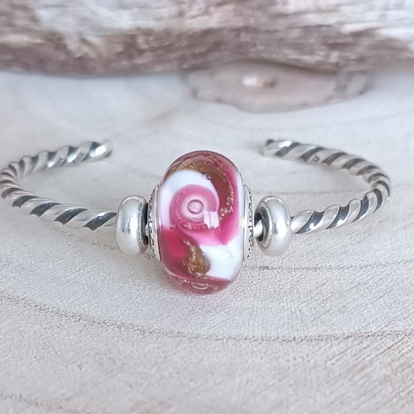 Perle rose fuchsia, blanc et doré en verre filé, artisanal et fait main, pour bracelet type Pandora, collier, dreadlocks