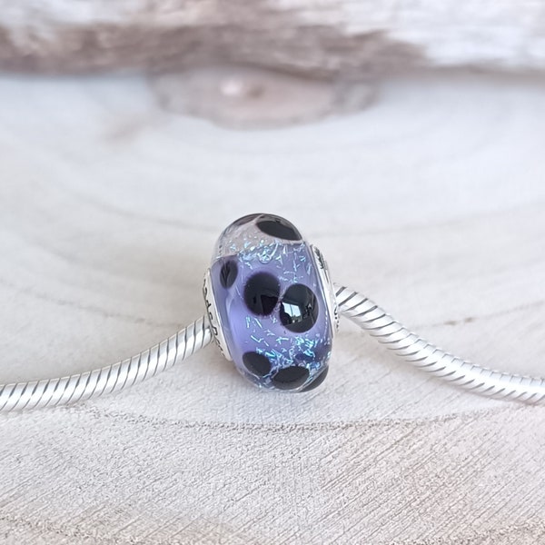 Perle à pois noir, violet et paillettes en verre filé, artisanal et fait main, pour bracelet type Pandora, collier, dreadlocks