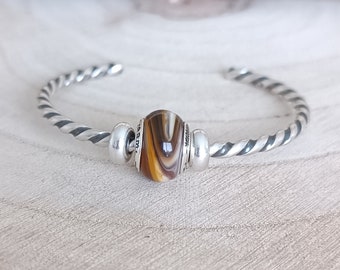 Mini orange-yellow, brown and beige bead in spun glass, artisanal and handmade, for Pandora type bracelet, necklace, dreadlocks