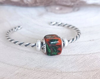Perle cube orange foncé, vert et paillettes en verre filé, artisanal et fait main, pour bracelet type Pandora, collier, dreadlocks
