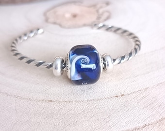 Blue and white barrel bead in spun glass, artisanal and handmade, for Pandora type bracelet, necklace, dreadlocks