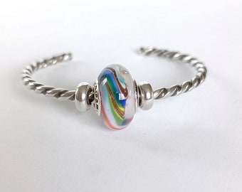 Perle "Arc-en-ciel" artisanale blanche, bleu, rose clair, rouge, vert, jaune et doré en verre filé pour bracelet type Pandora