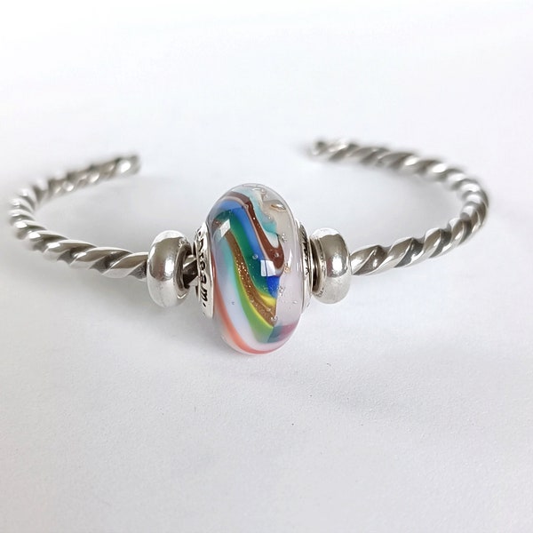 Perle "Arc-en-ciel" artisanale blanche, bleu, rose clair, rouge, vert, jaune et doré en verre filé pour bracelet type Pandora