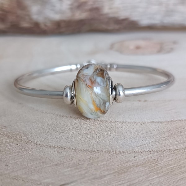 Perle artisanale "Nature" orange, beige, marron, blanc, bleu clair en verre filé pour bracelet type Pandora