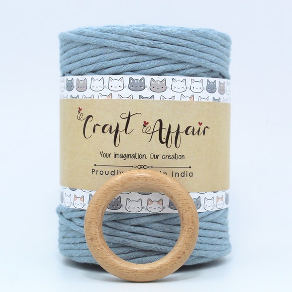 Cordon de macramé en coton bleu glacier 3 mm | BAGUE EN BOIS GRATUITE | Corde à tricoter de 33 mètres | Corde à un brin en coton naturel | Ficelle en coton simple épaisseur