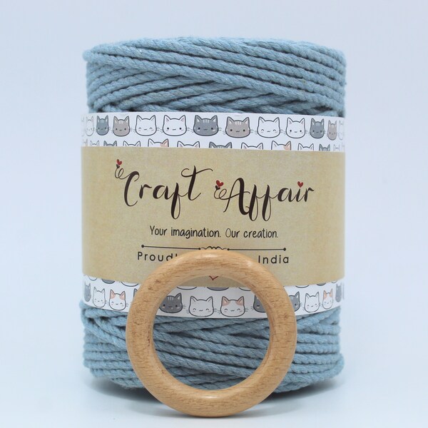 Cordon de macramé en coton bleu glacier 3mm | BAGUE EN BOIS GRATUITE | Corde de macramé tricotée de 33 mètres | Corde torsadée en coton naturel | Ficelle macramé 3 brins