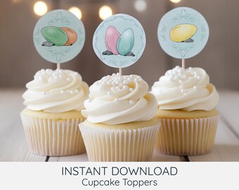 Printable Easter Cupcake Toppers, Easter Decor, Easter Egg Cupcake and Mini Cupcake Toppers, Easter Dessert Table Toothpick Flags ETS EPB