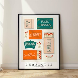 Charlotte Retro Matchbox Art, Lettering Art of Charlotte Neighborhoods, Unframed Wall Art, New Home Gift, Hand Drawn by evoketypestudio