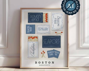 Hand-Drawn Boston Matchbox Wall Art Inspired by Local Neighborhoods
