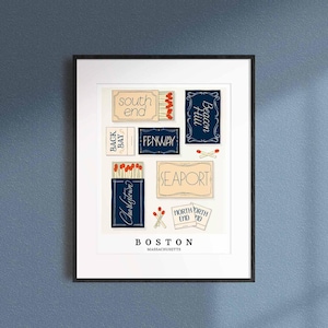 Boston Nautical Matchbox Art, Lettering Art of Boston Neighborhoods, Unframed Wall Art, New Home Gift, Hand Drawn by evoketypestudio