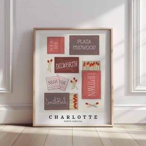 Charlotte Dusty Rose Matchbox Art, Lettering Art of Charlotte Neighborhoods, Unframed Wall Art, New Home Gift, Hand Drawn by evoketypestudio