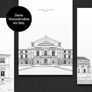 16 Design-Postkarten Bayreuth Schwarz-Weiß, handgezeichnet als Sets