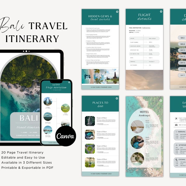 Bali Travel Itinerary Template | Blue Beach Vacation Itinerary Template | Beach Holiday Trip Planner | Digital Holiday Itinerary Template
